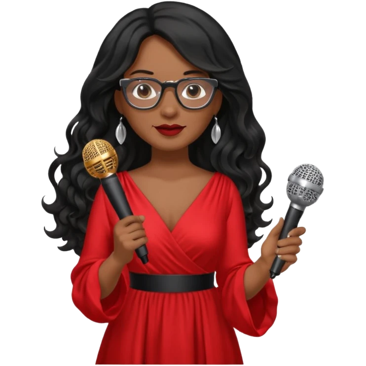 singer, Middle age, long wavy black hair, brown skin, wearing dress, holding mic, glasses emoji