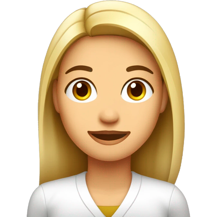 Mujer blanca, farmaceutica, sin lentes, pelo lacio brunete, gabacha con logo de girasol emoji