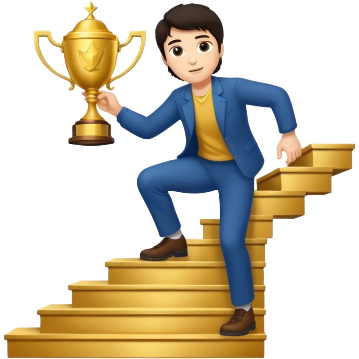 A man with fair skin and dark hair is climbing stairs to grab a trophy on the top step. emoji