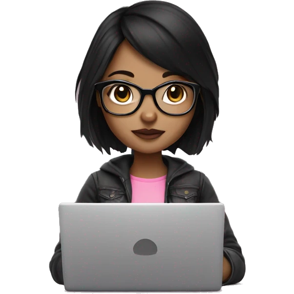 fair skin girl with black hair and eyeglasses using pink laptop cute emoji