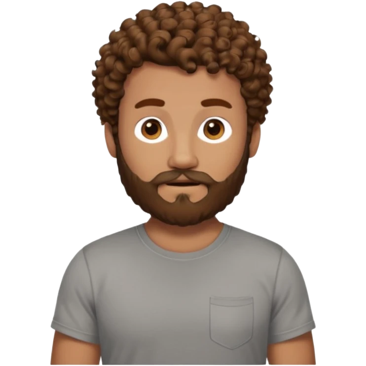 Curly-haired nightingale, with brown hair, a thick beard and a suvata to match the color of the hair on his head, large build, but not fat in a gray T-shirt, chest shot, IOS memoji style emoji