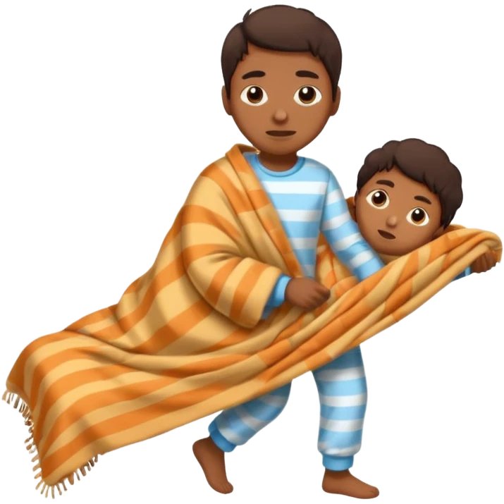 Brown skin with mix match pajamas on dragging a blanket tiredly to bed  emoji