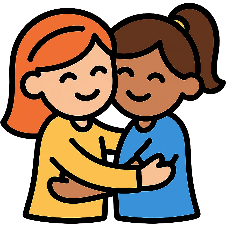 Two girls hugging tightly, outlined icon with color fill emoji
