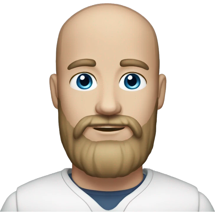 Man with dark blonde hair. A short polytail and bald spots on right and left side of his head. Blue eyes and dark blonde beard  emoji