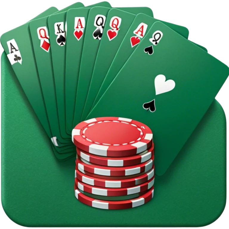 A photorealistic icon featuring playing cards and a stack of poker chips on a green felt table. Bright, detailed design with realistic textures and lighting. Transparent background, clearly symbolizing card games and strategy. emoji