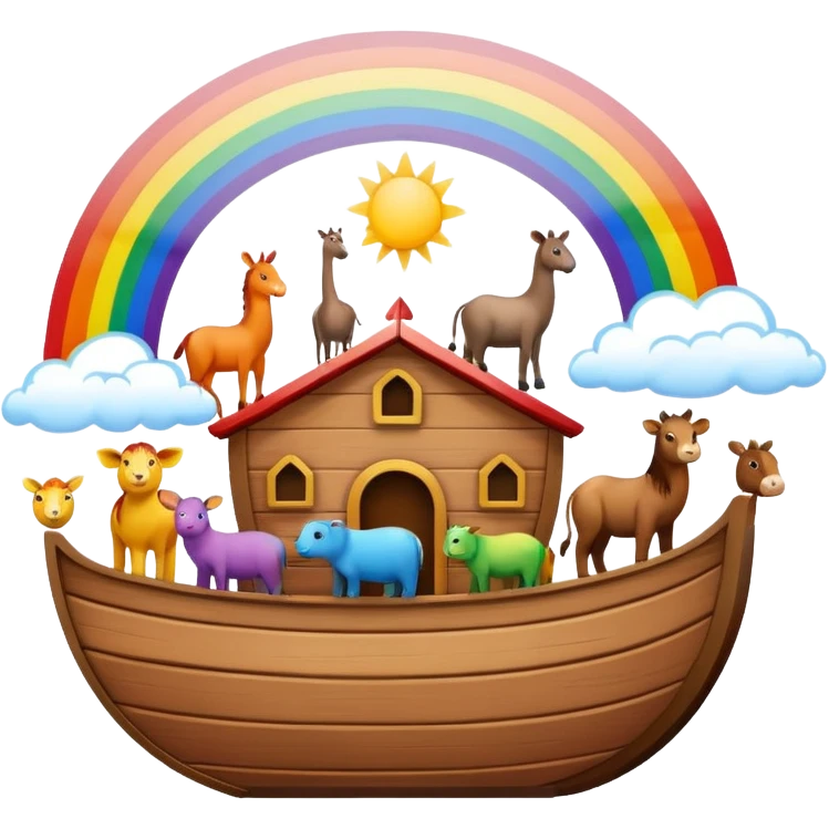Noah's Ark with pairs of animals, rainbow above emoji