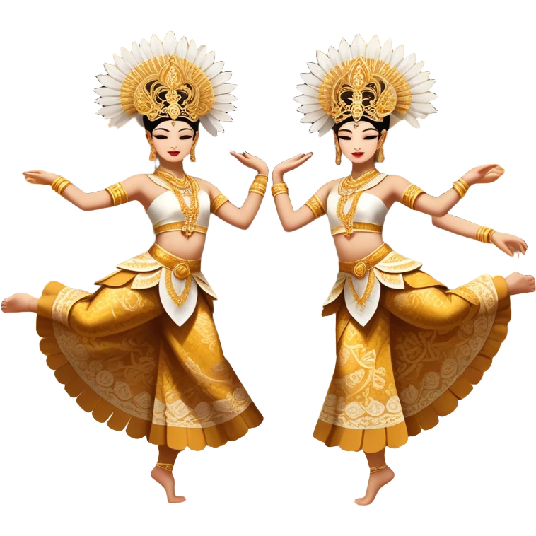 ​Cinematic Realistic Traditional Javanese Dancers, depicted as two graceful dancers in ornate traditional costumes with intricate batik patterns and elaborate headpieces, captured in dynamic poses during a ritual dance in an ancient temple courtyard, rendered with soft golden lighting and rich cultural textures, emoji