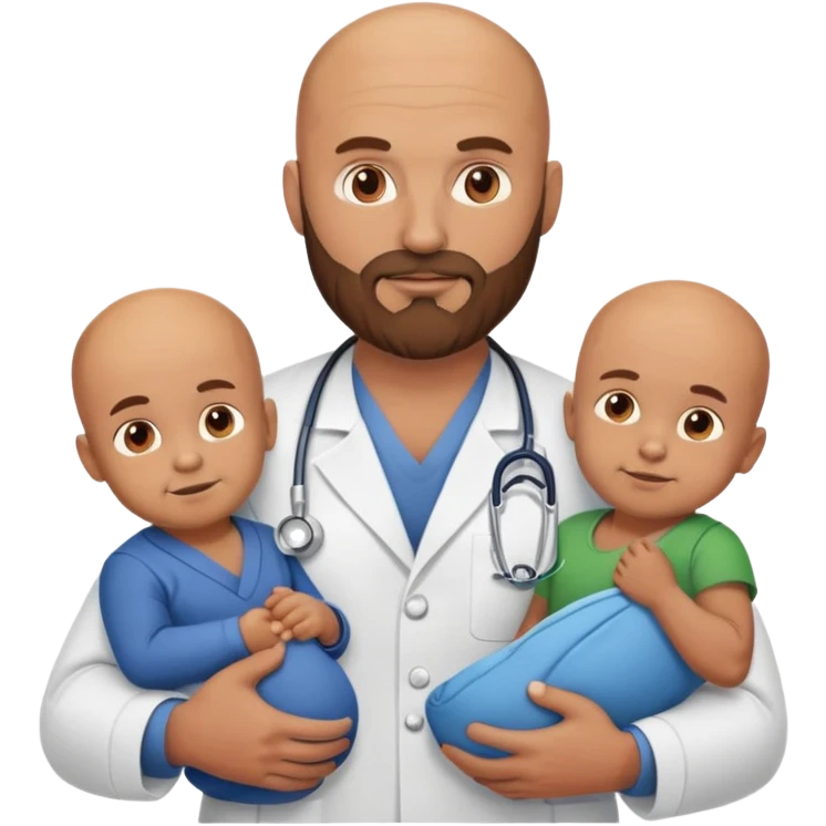 Muscular bald doctor with brown beard holding three sons emoji