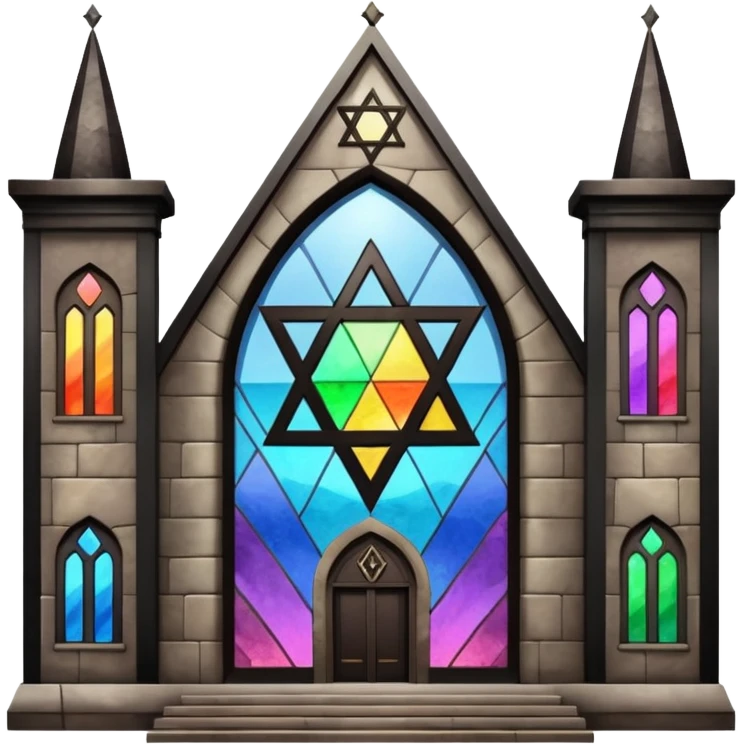 jewish synagogue temple in dark goth aesthetic style with black building and rainbow tint glass windows and star of david emoji