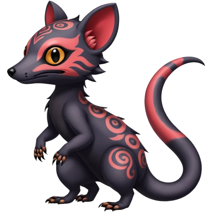 Rare warm-colored exotic gloomy tropical edgy cute epic aesthetic spooky  gothic colorful Salandit-Noibat-Civet-species-Fakemon-hybrid-creature, with tribal tattoo markings, full body emoji