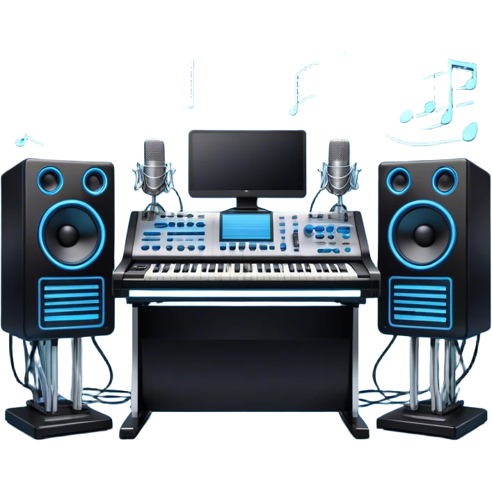 Create a professional and detailed emoji that represents sound design. The design should feature a high-end studio synthesizer (like the Korg), a sound mixing console with visible wires, large studio speakers, and a microphone to symbolize the essential equipment in sound design. Add musical note waves flowing around the equipment to emphasize the connection between sound creation and musical composition. Use sleek, modern colors like black, silver, and neon blue to represent the professional and futuristic nature of sound design. The background should be transparent. emoji