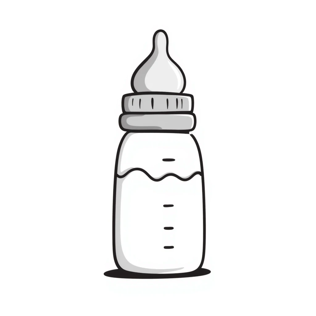 a baby bottle with a cap and nipple, pastel colors dd9fb0, ffc6d3, a3bfc9, c4bee2, f1b091, detailed hand-drawn doodle style emoji