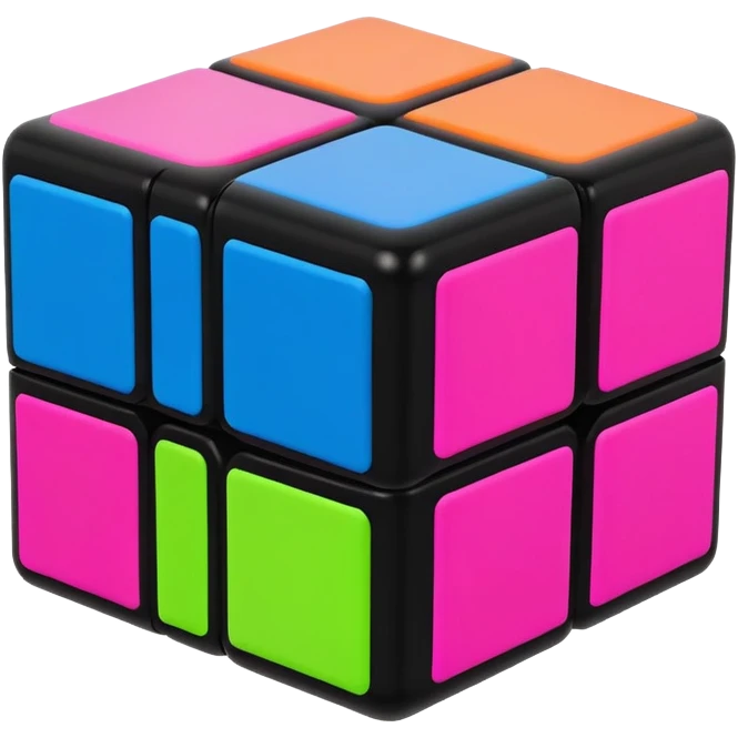 A 3x3 Rubik's Cube with neon bright colors: electric blue, hot pink, neon green, neon yellow, neon orange, bright purple, minimalist iOS emoji style emoji