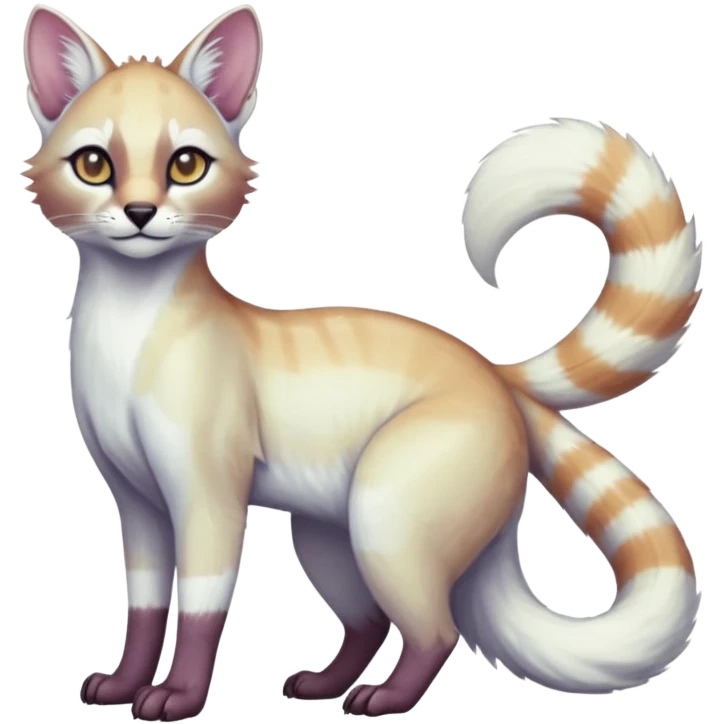 Colorful tropical pearly-albino-white iridescent glorious exotic cute cool beautiful shiny beautiful fantasy-caracal-civet-genet-sergal-vernid-Cacomistle-oncilla-animal-Fakémon-hybrid-fursona (full body) emoji