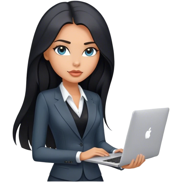 Glamours tanned very beautiful girl with pump peach nude lips and black straight smooth long hair, blue-grey eyes in beautiful v-neck black vest from the suit (short sleeves) no blazer and no anything under the vest, only vest with MacBook emoji