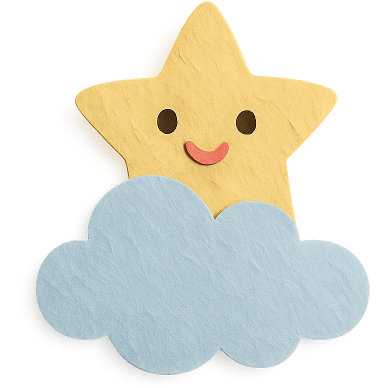 kawaii soft yellow star peeking from behind a fluffy cloud, no arms, no legs, full body, soft pastel colors, paper craft style emoji