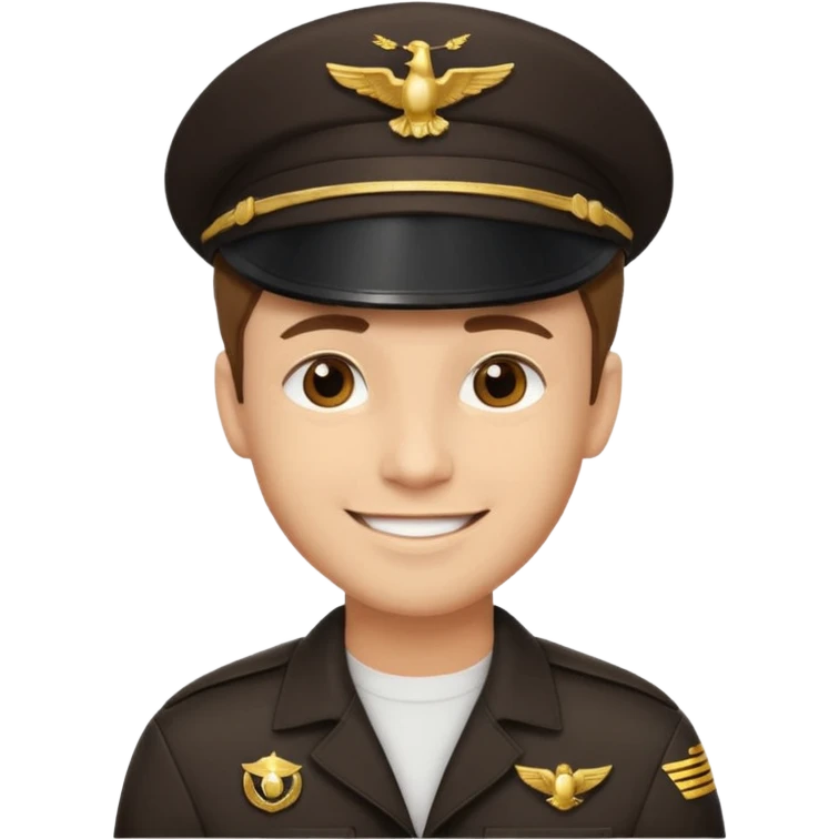 A light-skinned man with short brown hair, brown eyes, and a cheerful smile, wearing a dark pilot cap with a gold emblem. emoji