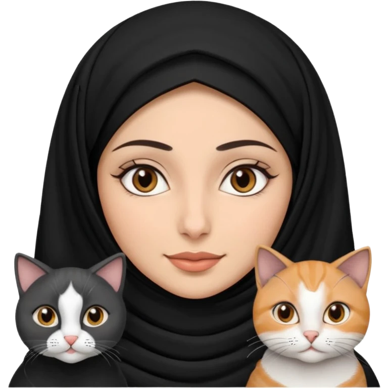 A Arabic woman human with brown eyes and black hijab. and three cats, two cats black and white and one grey cat  emoji