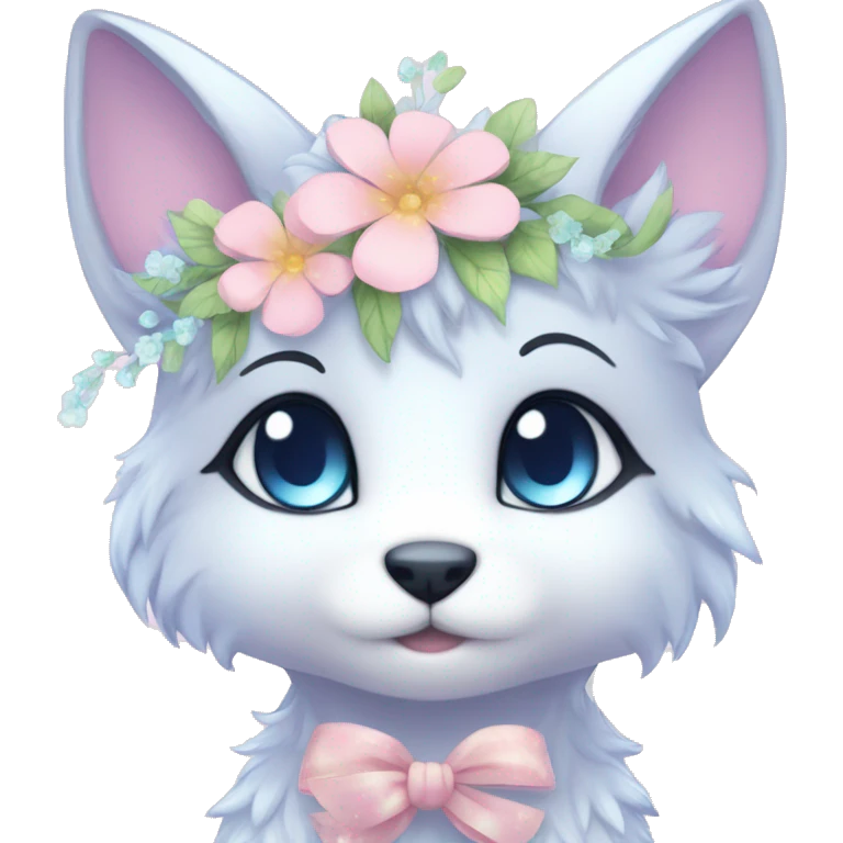 Anthro Cute Cool Blushing Pastel Innocent Shy Kawaii gorgeous sparkly ethereal fantasy animal creature with blue eyes furry sona with flowers and ribbons beautiful aesthetic emoji