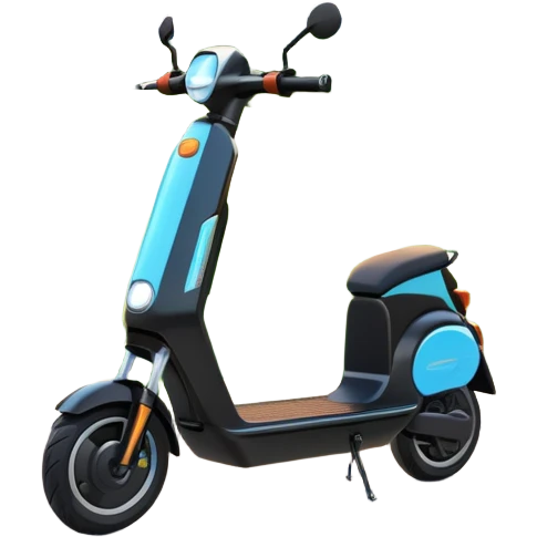 An icon featuring a sleek electric scooter parked on a scenic path. The background showcases a vibrant city park with green trees, flowers, and a clear blue sky. The sun sets in the distance, casting a warm golden glow on the landscape. Transparent background emoji