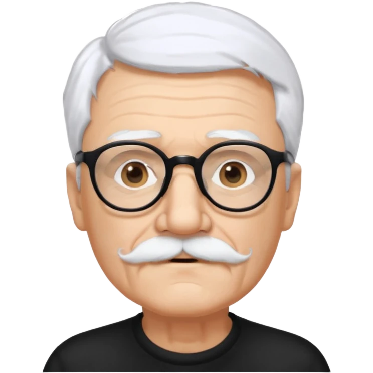 An elderly man with white hair and mustache, wearing black glasses and looking straight ahead with a gentle expression. emoji
