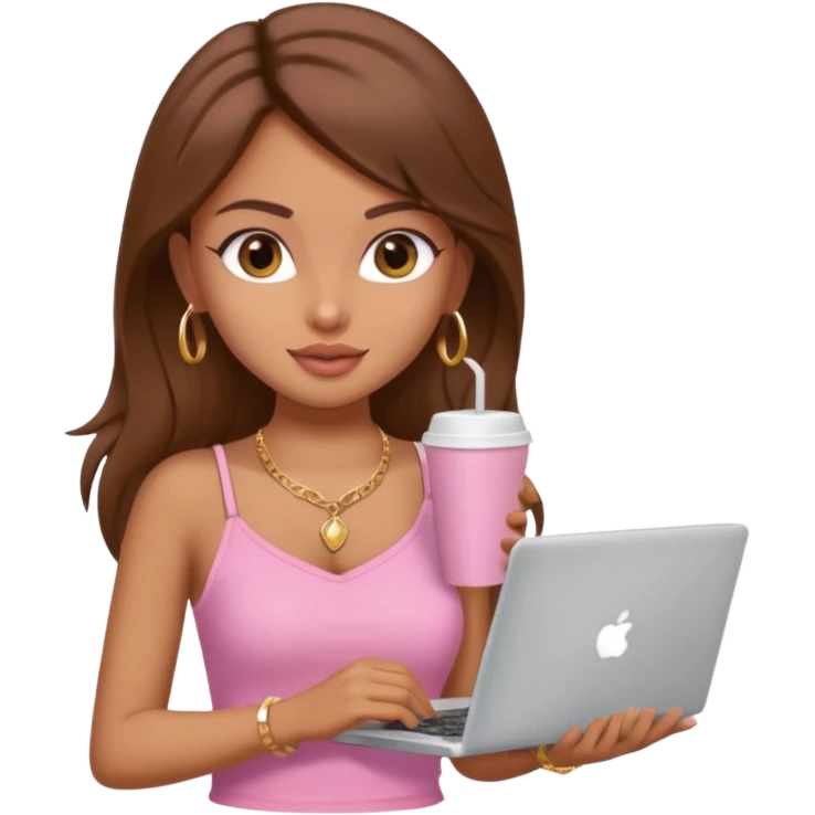 a pretty fair indian bratz girl with brown hair. with a pink cami top, drinking takeaway brown coffee, golden dainty necklace and carrying a white laptop emoji