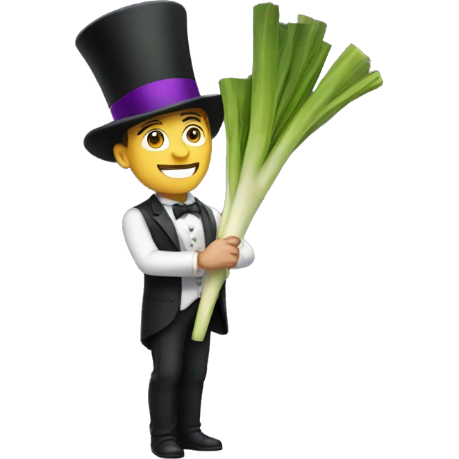 White man wearing a Top Hat with a purple band holding a leek emoji