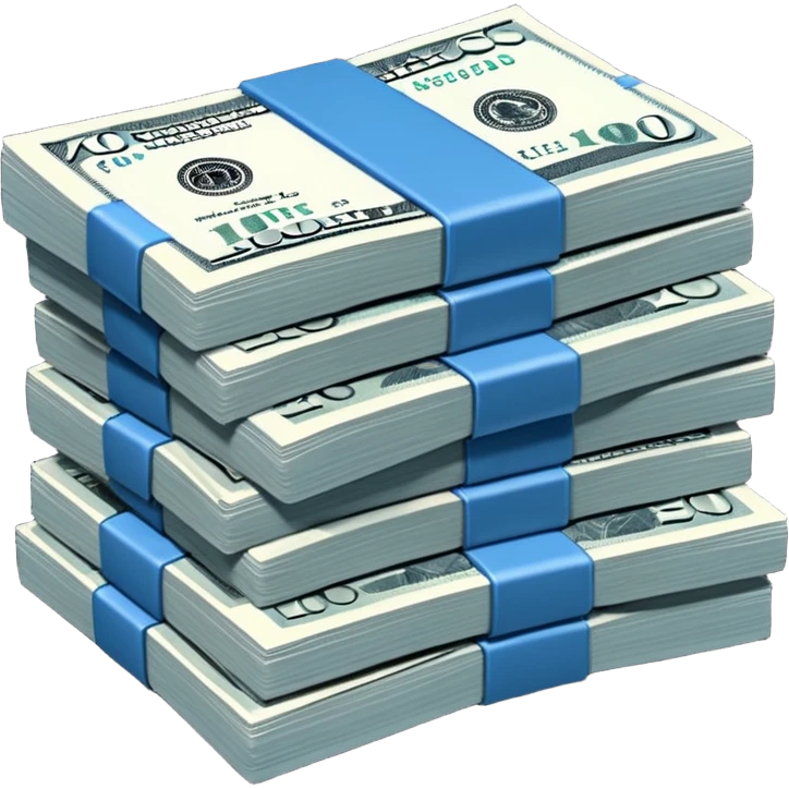 a massive bound stack of blue-and-white banknotes, koan bills , 90s futuristic, the band is dark gray emoji