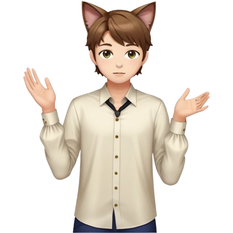 effeminate young femboy man with brown shiny hair, brown cat ears, blouse, cute, gorgeous, anime, catboy, full body emoji