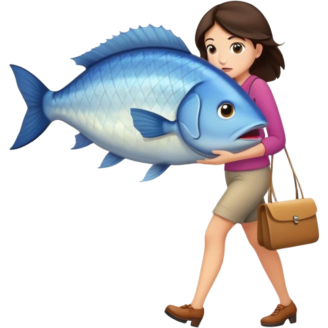 Confused Brunette Woman walking with huge fish emoji
