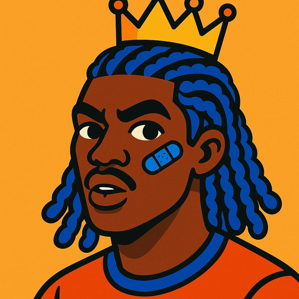afro man with blue cornrows hair, wearing a crown on top and a blue band-aid on his cheek, detailed and expressive, vibrant toon style emoji