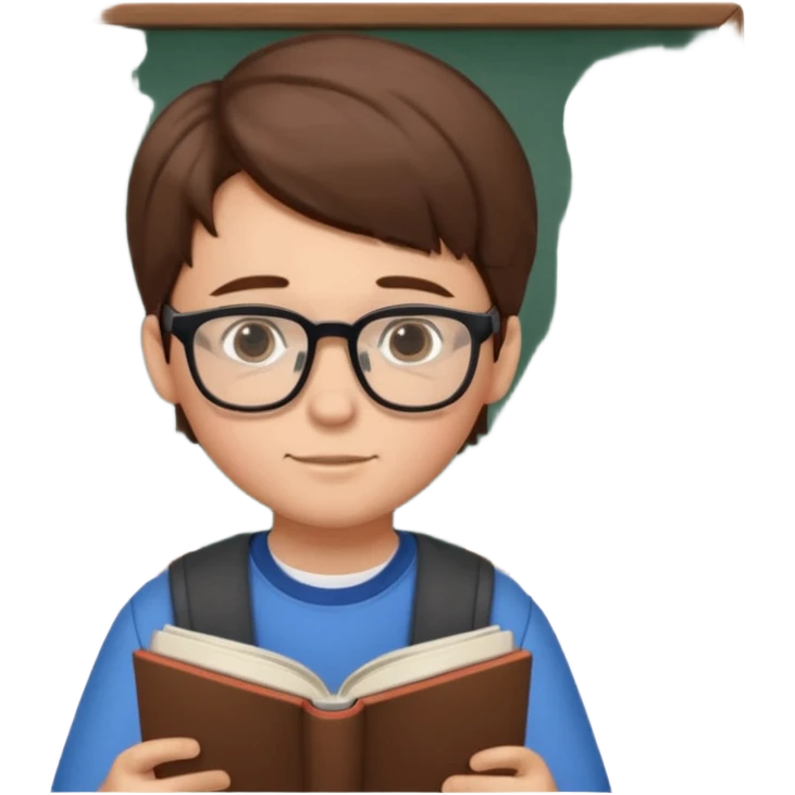 Boy with glasses sitting at school reading with his back to the camera emoji