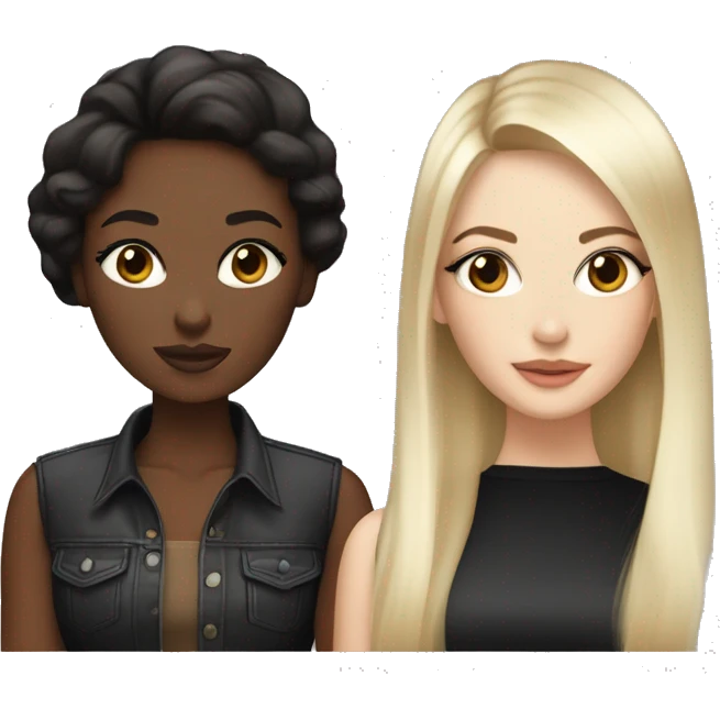 Two white girlfriends. One with brown hair in square, the other with black hair, bangs and a square. In fashionable clothes and beautiful modern makeup emoji