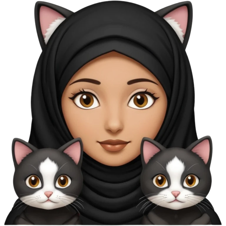 A Arabic woman human with brown eyes and black hijab. , the human is a human no cat ears, two cats, the both cats have the colour black and white in the same colour,   emoji
