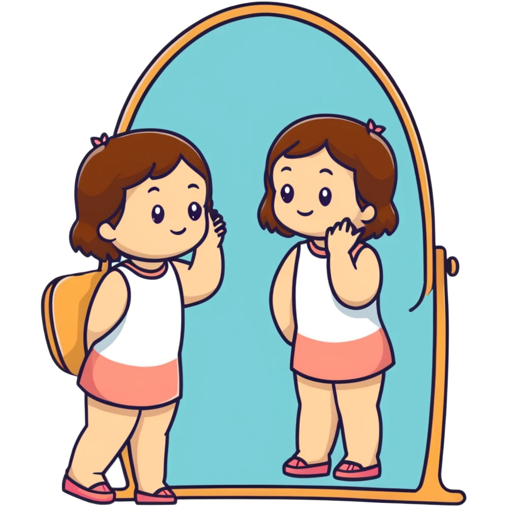 White girl with brown hair checking herself in a wall mirror emoji