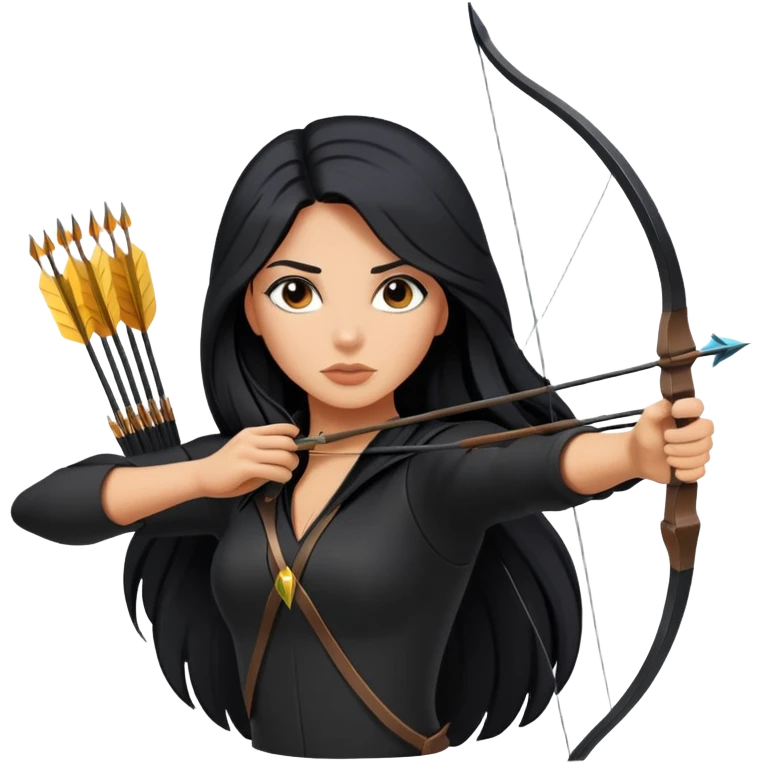 woman tanned long black hair, shooting arrow , black clothes emoji