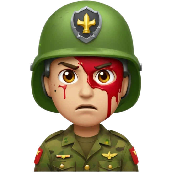 scowling soldier emoji with red skin tone, blood splatter on left cheek, wearing green helmet and military uniform, facing slightly left, 2d apple emoji style emoji