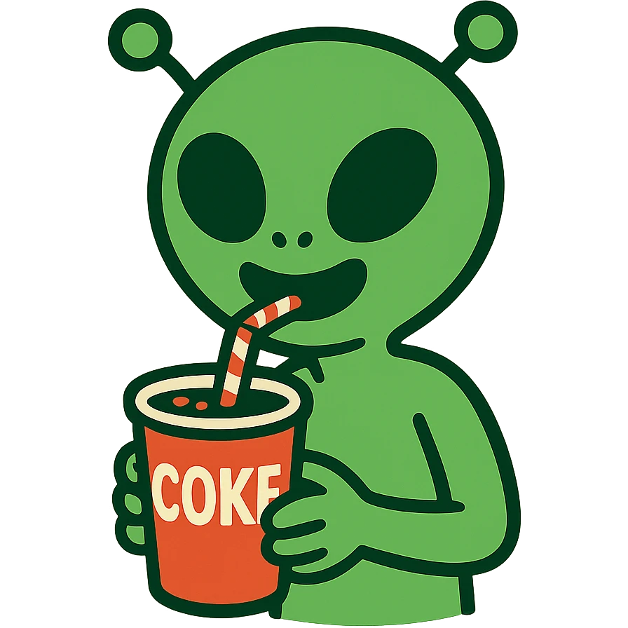 cartoon alien sipping Coke with a straw, cheerful expression emoji