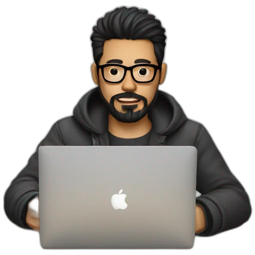 Designer with black hair, beard and glasses working with MacBook and drinking cappuccino  emoji