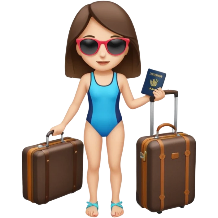 Девушка в путешествии, рядом чемодан, паспорт, очки и купальник  emoji