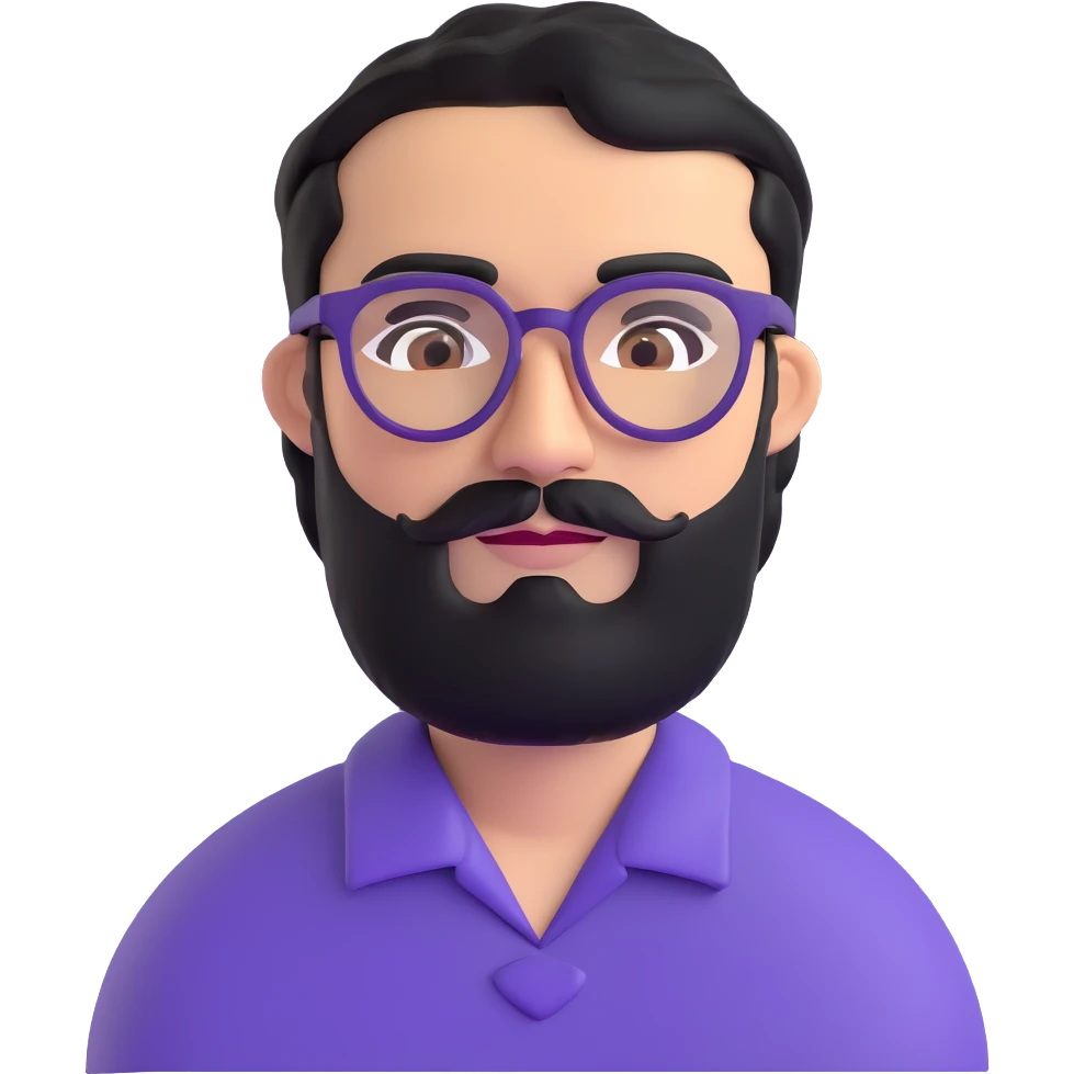 man with medium black beard, black hair, very prominent unibrow, olive tan skin, brown eyes, and glasses emoji
