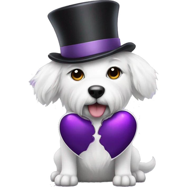 White furry dog with a top hat holding a purple heart emoji