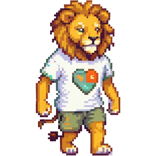 retro 1950s anthropomorphised lion in a t-shirt and shorts walking emoji