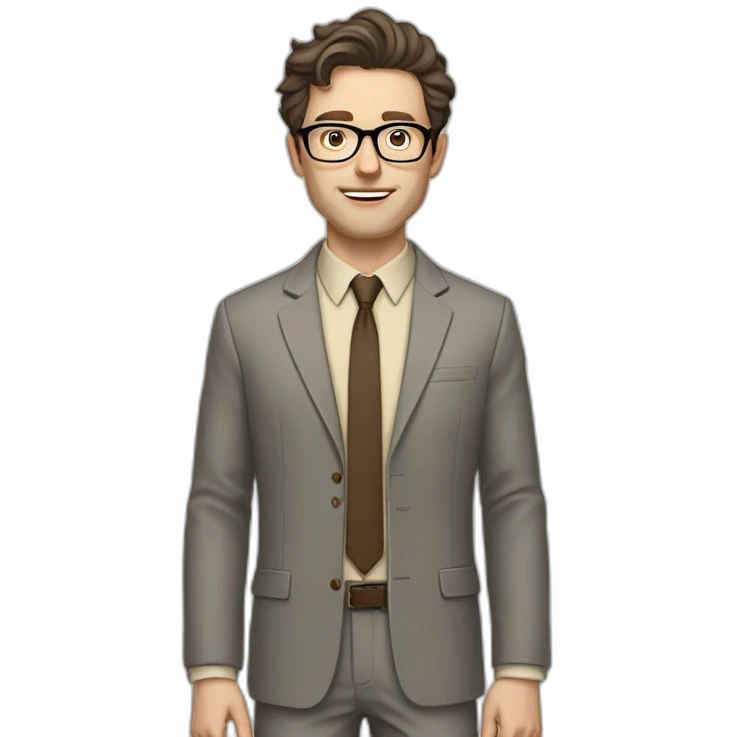 Full height Pale skinned Fit Man With dark brown hair in gray jacket, beige office shirt, tie, Brown pants and vintage glasses. Thrumbs of his palms directed up emoji