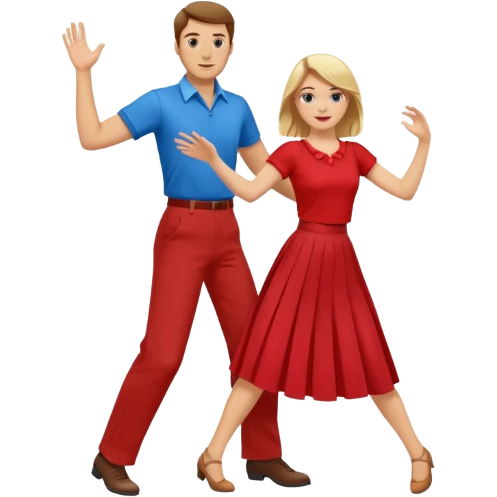 Two people. Man in red shirt and  red pants with brown hair. Women in blue shirt and long skirt with blond hair. Swing Dancing emoji