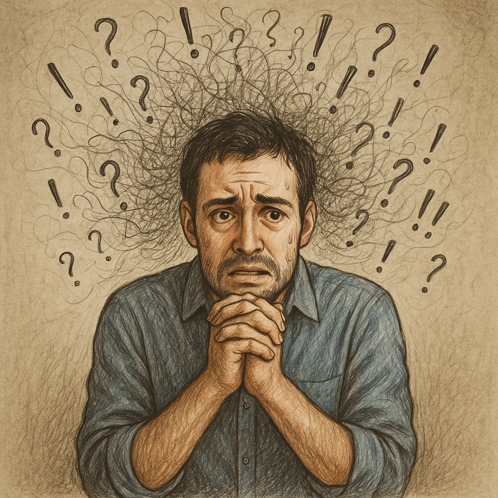 Realistic or illustrative style image of a 30-year-old man suffering from anxiety, inspired by the reference image. The man nervously clasps his hands with an anxious expression. The background shows graphic signs of disordered thoughts, conveying an atmosphere of mental tension. emoji