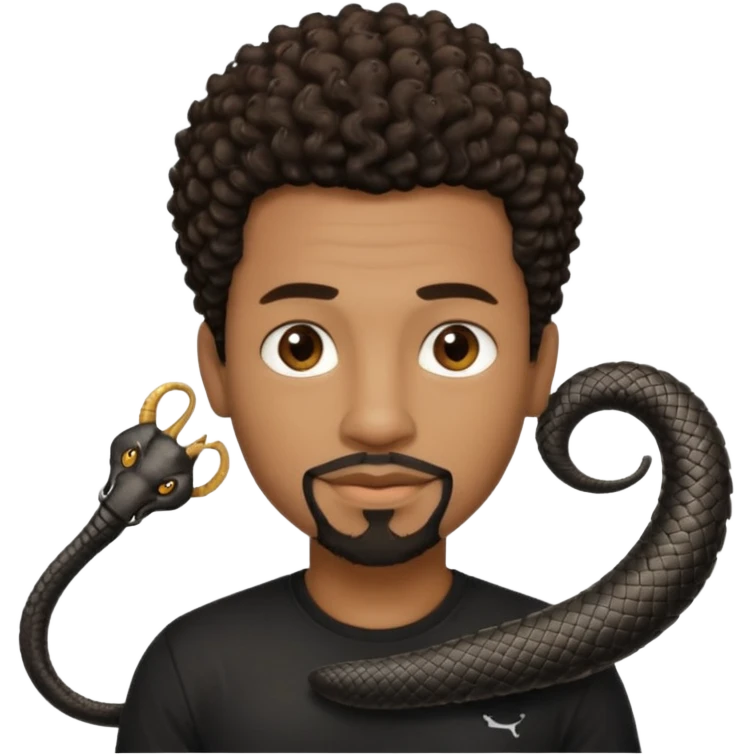 Homme noir, yeux marron avec un bouc sans la moustache, cheveux noir court et bouclé crépus avec un dégradé sur le côté, avec un cobra à côté , t-shirt noir  emoji