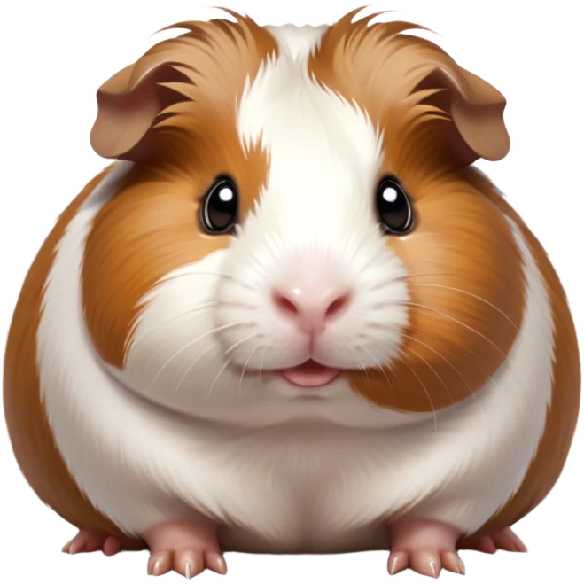 Cinematic Cute Brown and White Banded Guinea Pig Portrait Emoji, Head tilted playfully and inquisitively, showcasing a fluffy fur with playful brown and white banded patterns, round, sparkling dark eyes filled with curiosity, Simplified yet irresistibly adorable features, highly detailed, glowing with a warm, friendly glow, high shine, affectionate and spirited, stylized with a touch of whimsy, bright and endearing, soft glowing outline, capturing the essence of a mischievous yet loving guinea pig, so playful it feels like it could dash out of the screen and into your arms! emoji