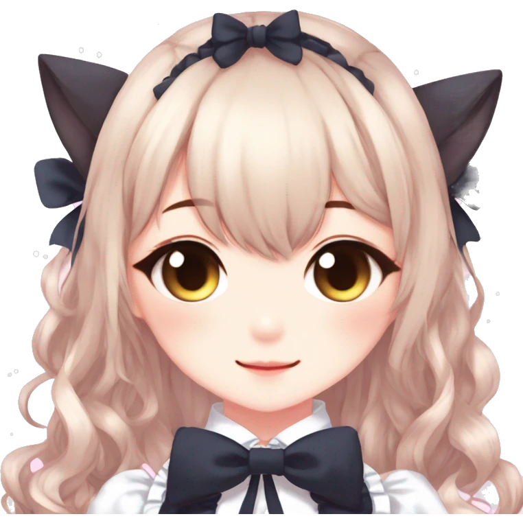 Gorgeous anime style catgirl with blushing face with maid outfit bow tie idol model kawaiicore pearly petite simplistic aesthetic trending style emoji