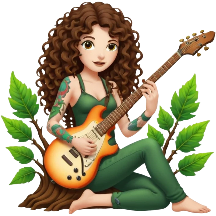 woman with long curly brown hair, brown eyes, white skin, tattoos, playing a root-shaped electric guitar that grows leaves from the strings, psychedelic glow, forest stage aura emoji